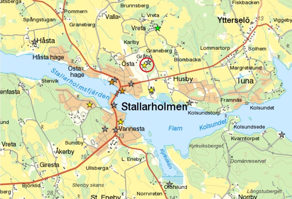 Figur 11. Förrenade mråden I Stallarhlmen är markerade sm stjärnr i figuren.