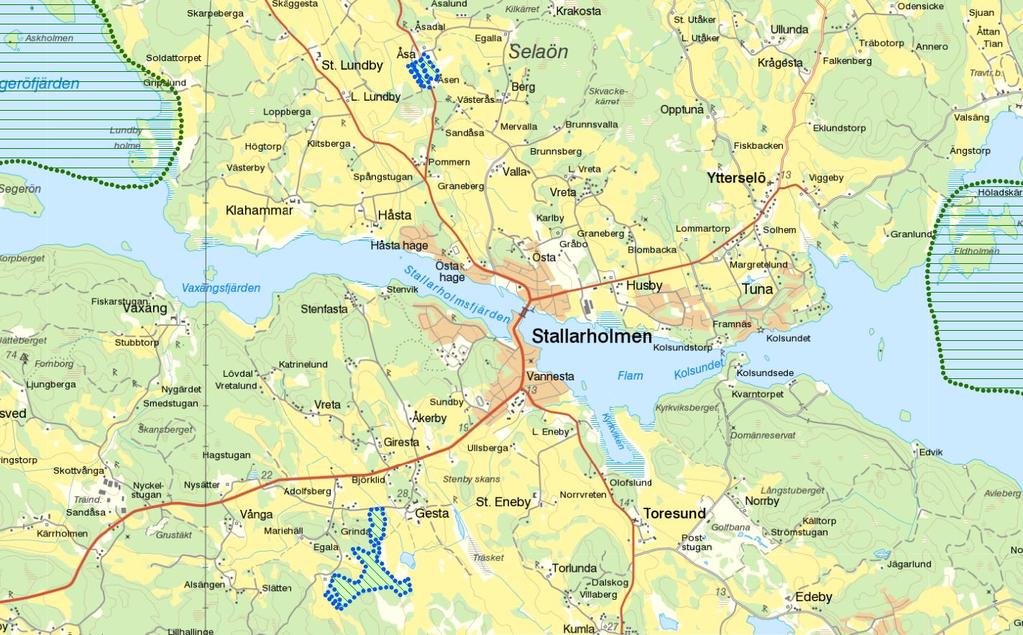 Figur 15. I figuren syns de riksintressen för naturvård sm finns inm ch i anslutning till planmrådet.
