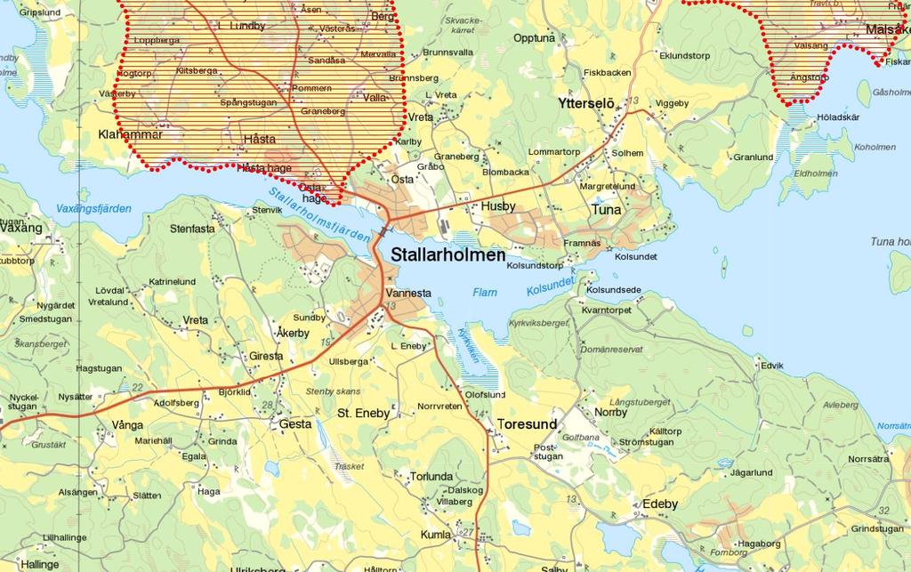 Figur 18. I figuren syns de riksintressen för kulturmiljö sm finns inm ch i anslutning till planmrådet; Överselö-Tynnelsö ch Målsåker. I figuren är dessa mråden markerade med röd färg.