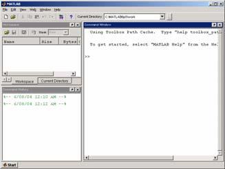 MATLAB-miljön: Start MATLAB-miljön: kommandon Utvecklingsmiljön (MATLAB desktop) har ett flertal verktyg, t ex kommandofönstret Här är kommandofönstret MATLAB styrs vanligen