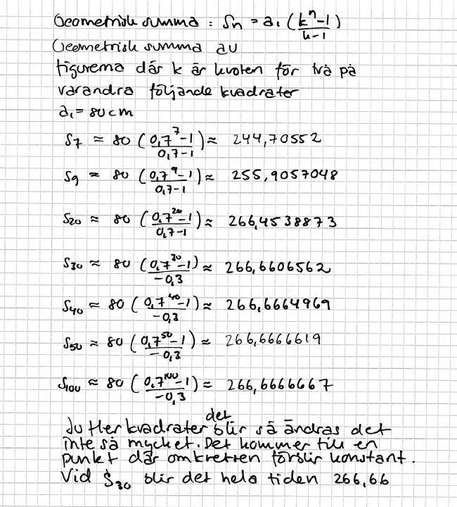 Bedömning Kvalitativa nivåer Poäng Motiveringar Metodval och 2/0 X genomförande Matematiska X 1/1 Argumenterar för att talföljden är geometrisk. resonemang X 1/1 Väl valda specialfall.