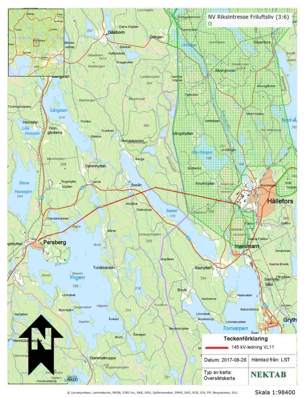 Figur 7. Riksintresse för friluftsliv. 6.4 Naturmiljö I tabell, och 4 nedan, redovisas de naturområden som befintliga ledningarna berör.