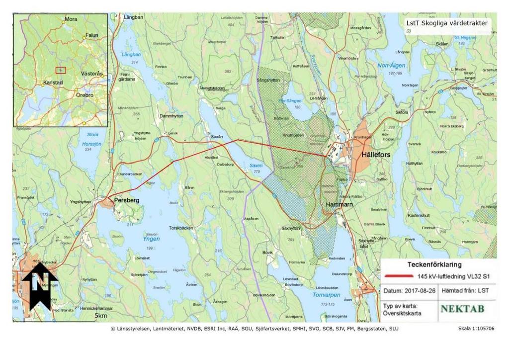 Figur 8. Kartan visar hur den befintliga ledningen löper genom området som är utpekade som skogliga värdetrakter inom Örebro län 6.4.