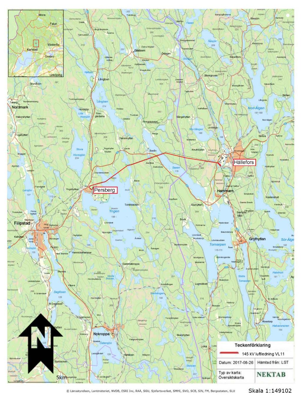 Figur 1. Översiktskarta över 145 kv-ledningen mellan startpunkten i Hällefors och slutpunkten i Persberg. 1. Presentation av ledningsägaren Ellevio är ett av Sveriges största elnätsföretag.