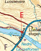 3.2.7 Ljusselforsen (7322088-1668983) Figur 7 visar elfiskelokalen Ljusselforsens övre lokal, Piteälven 2007-08-16 nerifrån och på kartan markerat med rött E.