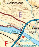 3.2.8 Nedre Ljusselforsen (7321750-1669150) Figur 8 visar elfiskelokalen Ljusselforsens nedre lokal, Piteälven 2007-08-16 nerifrån och på kartan markerat med rött F.