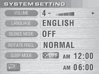 Trender: UPP STABILT NER SYSTEMINSTÄLLNINGSLÄGEN (MODE) I detta läge kan olika systeminställningar anpassas. Från huvudmenyn (MAIN MENU), gå in i SYSTEM SETTING läget (mode), sedan: 1.