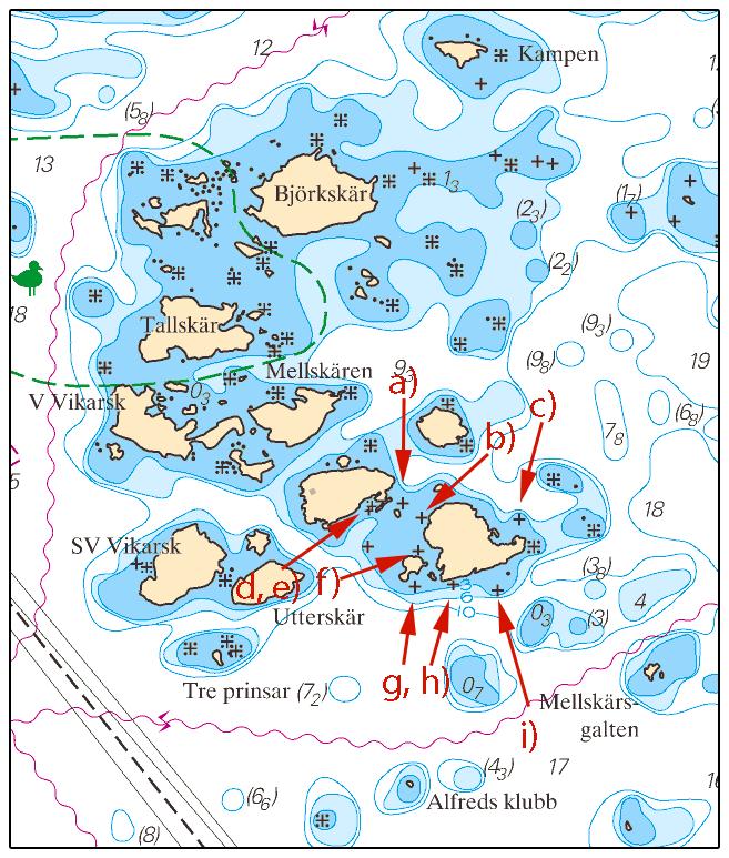 2015-03-19 7 Nr 538 Inför undervattenssten a) 58-40,09N 017-13,67E Inför undervattenssten b) 58-40,08N 017-13,71E Inför undervattenssten c) 58-40,08N 017-13,94E Inför undervattenssten och bränning d,