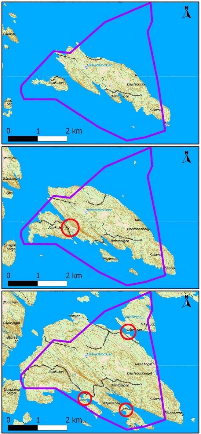 Figur 4. Utredningsområde (lila markering) med början ca 7000 f.kr. genomgick en dramatisk förändring allteftersom landhöjningen fortskred.