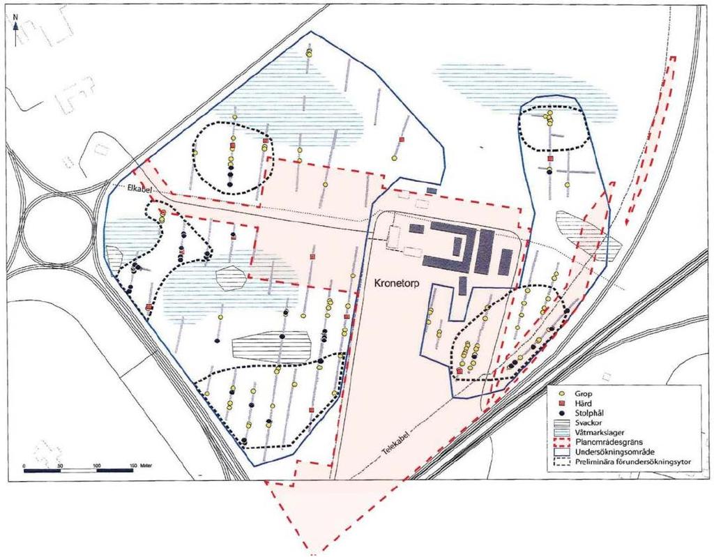 Planbeskrivning DP 245 I den arkeologiska utredningen steg 2 föreslås 5 delområden för arkeologisk förundersökning. vå av dessa delområden ligger inom planområdet, ett av dem där bebyggelse planeras.