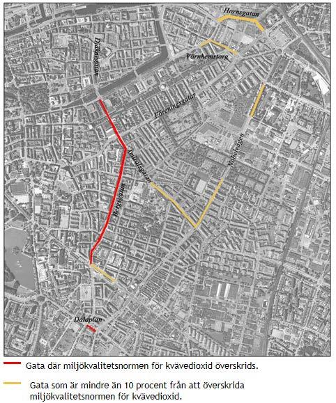 Miljökonsekvensbeskrivning DP 000 Gatuavsnitt i Malmö med höga halter av kvävedioxid (källa: Malmö Stad, Miljöförvaltningen) Under samrådsskedet har synpunkter inkommit där oro uttrycks över hur det