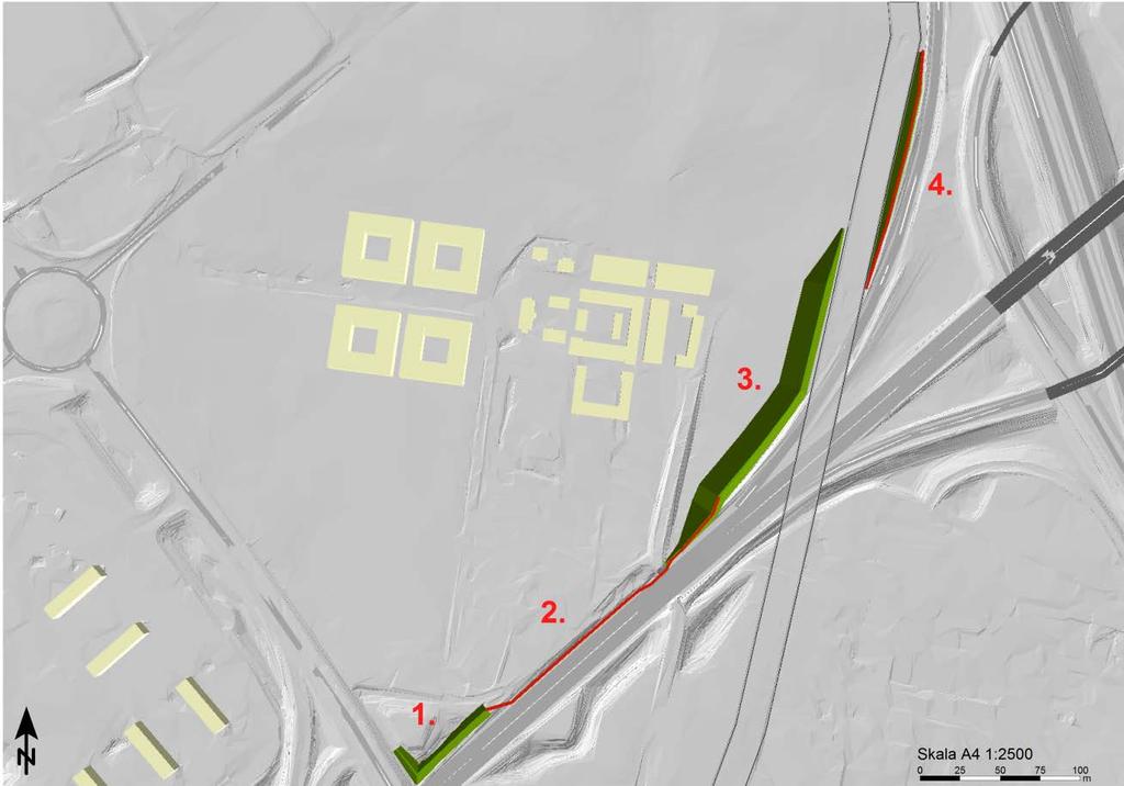 Miljökonsekvensbeskrivning DP 000 Illustration över bullerskyddsförslag Avsnitt Utformning 1 Bullervall, 3 m över vägkant 2