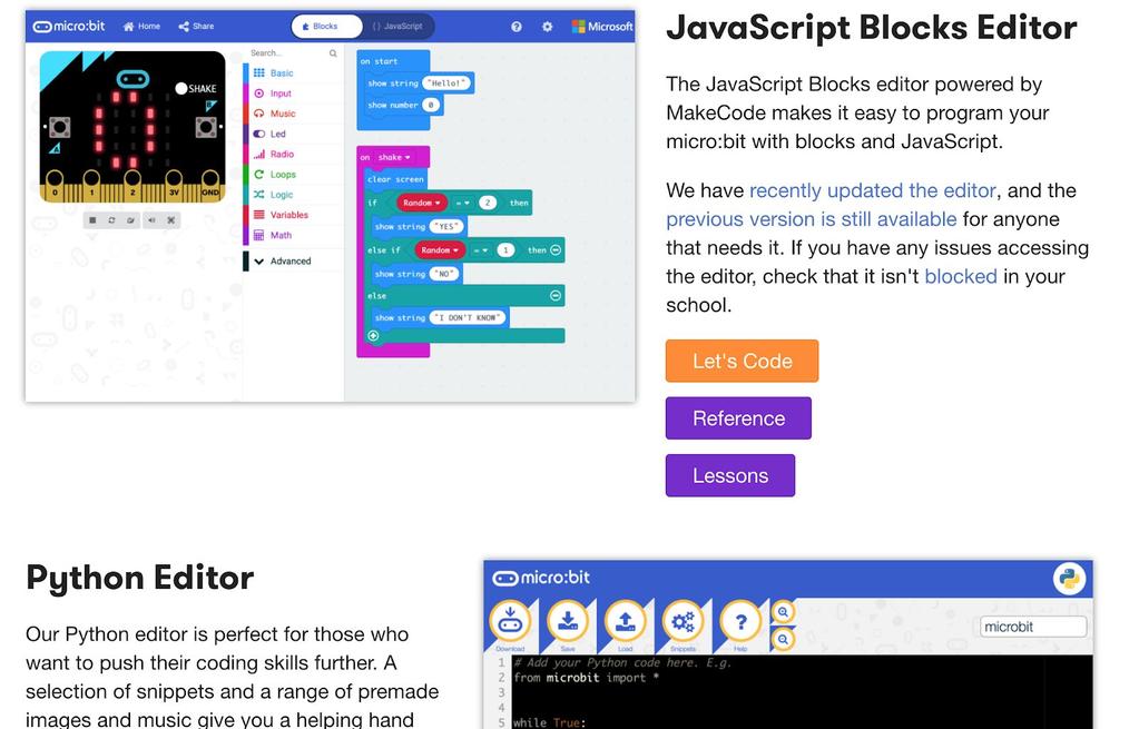 blockprogrammering och textprogrammering. Man alltså börja programmet i block och avsluta i text. I dessa editors har man en simulator av micro:bit på skärmen.