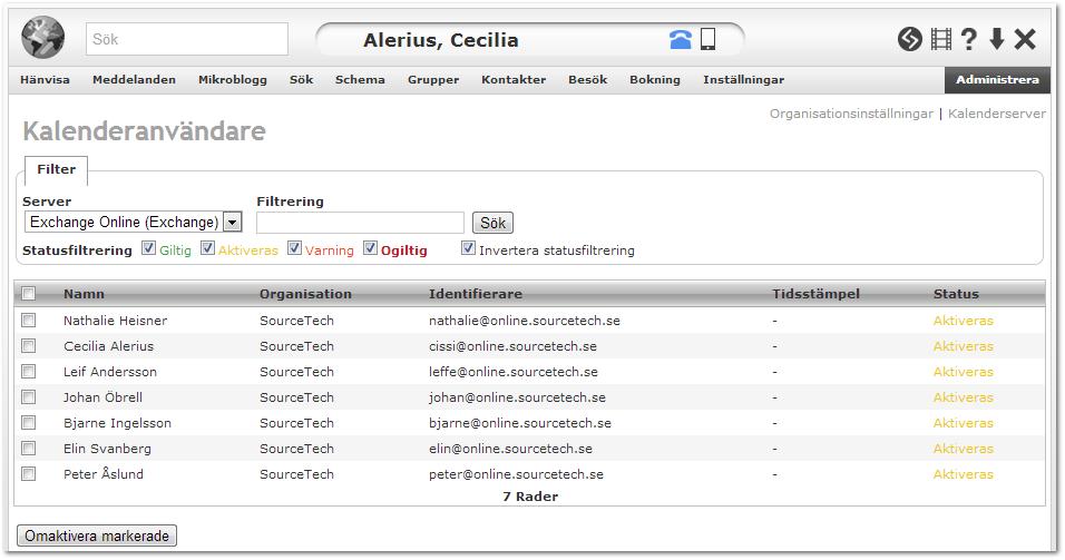 Kalenderanvändare Här ser du hur kalenderanvändarnas status ser ut.