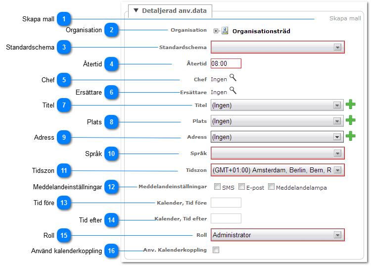 Detaljerad användardata Skapa mall Klicka på den här länken för att skapa en ny mall. Organisation Klicka i organisationsträdet för att välja den del som användaren ska tillhöra.