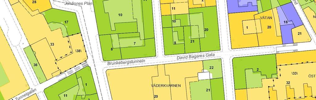 Sida 7 (14) Byggnaden har en sockel i grå betong och bottenvåningen är murad med rött tegel i löpförband, mot David Bagares gata även utfackningar med liggande rött fasadtegel murat med bredsidan