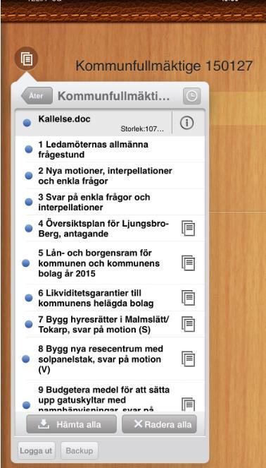 Mötets ärenden När du tryckt på ett mötesdatum ser du kallelsen (1) som ett separat dokument, samt de ärenden som kommer att behandlas på mötet (2). 1 = ärendet har ett dokument kopplat till sig.