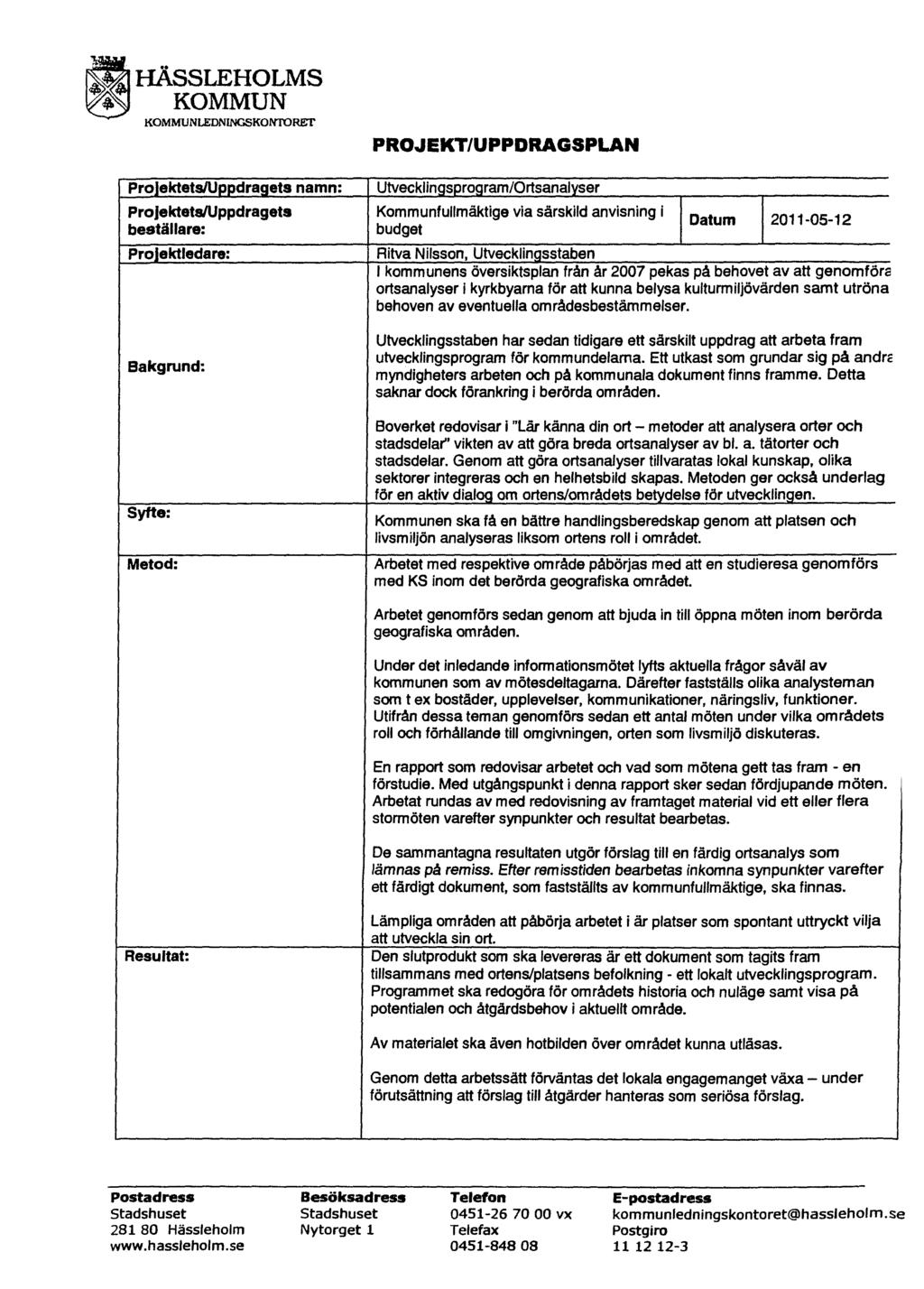 ~ HÄSSLEHOLMS ~ KOMMUN KOMMUNLEDNINGSKONTORET ProjektetslUppdragets namn: ProJektetalUppdragets beställare: Projektledare: Bakgrund: Syfte: Metod: PROJEKT/UPPDRAGSPLAN UtvecklingsprogramIOrtsanalyser
