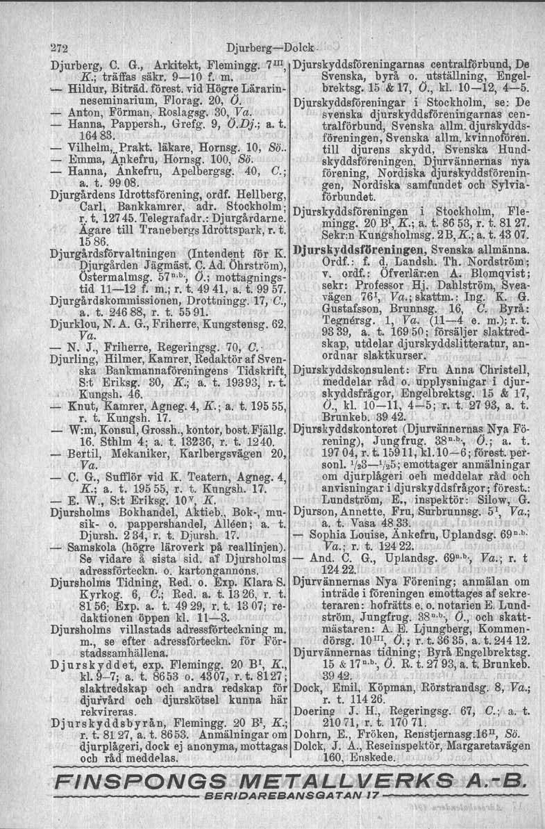 272 Djurberg-e-Dolck I Djurberg, C. G., Ar.Idtekt, Flemingg. 7III, Djurskyddsföreningarnas centralförbund, De K.; träffas säkr. 9-10 f. m. Svenska, byrå o. utställning, Engel- ~ Hildur, Biträd.