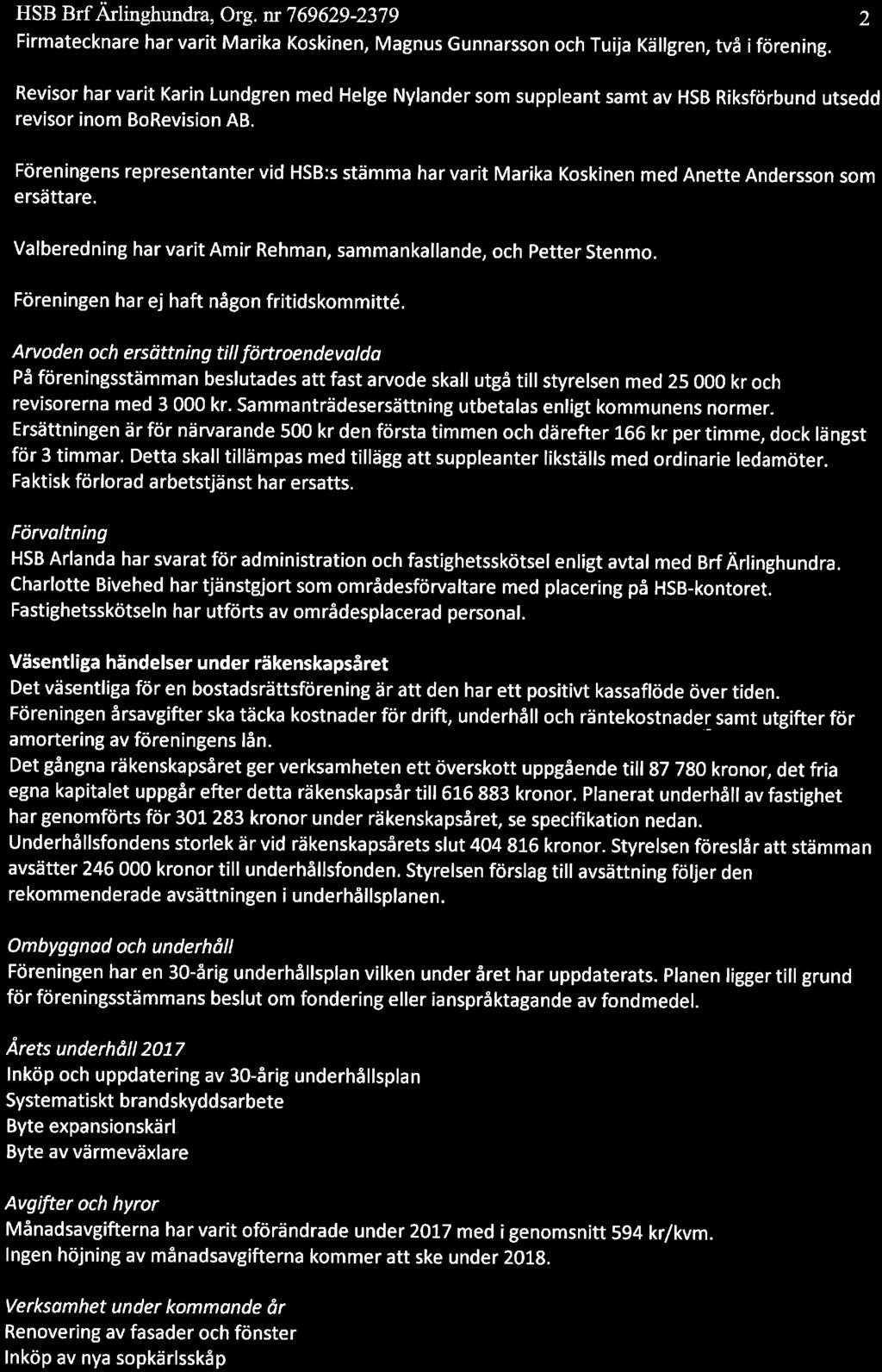 HSB BrfArlinghundra, Org. nr 769629-2379 2 Firmatecknare har varit Marika Kskinen, Magnus Gunnarssn ch Tuija Källgren, två i förening.