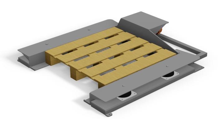 Lågbyggt vibratorbord U-format med fyra infästningsklackar i golvet. Anpassas efter pallstorlek.