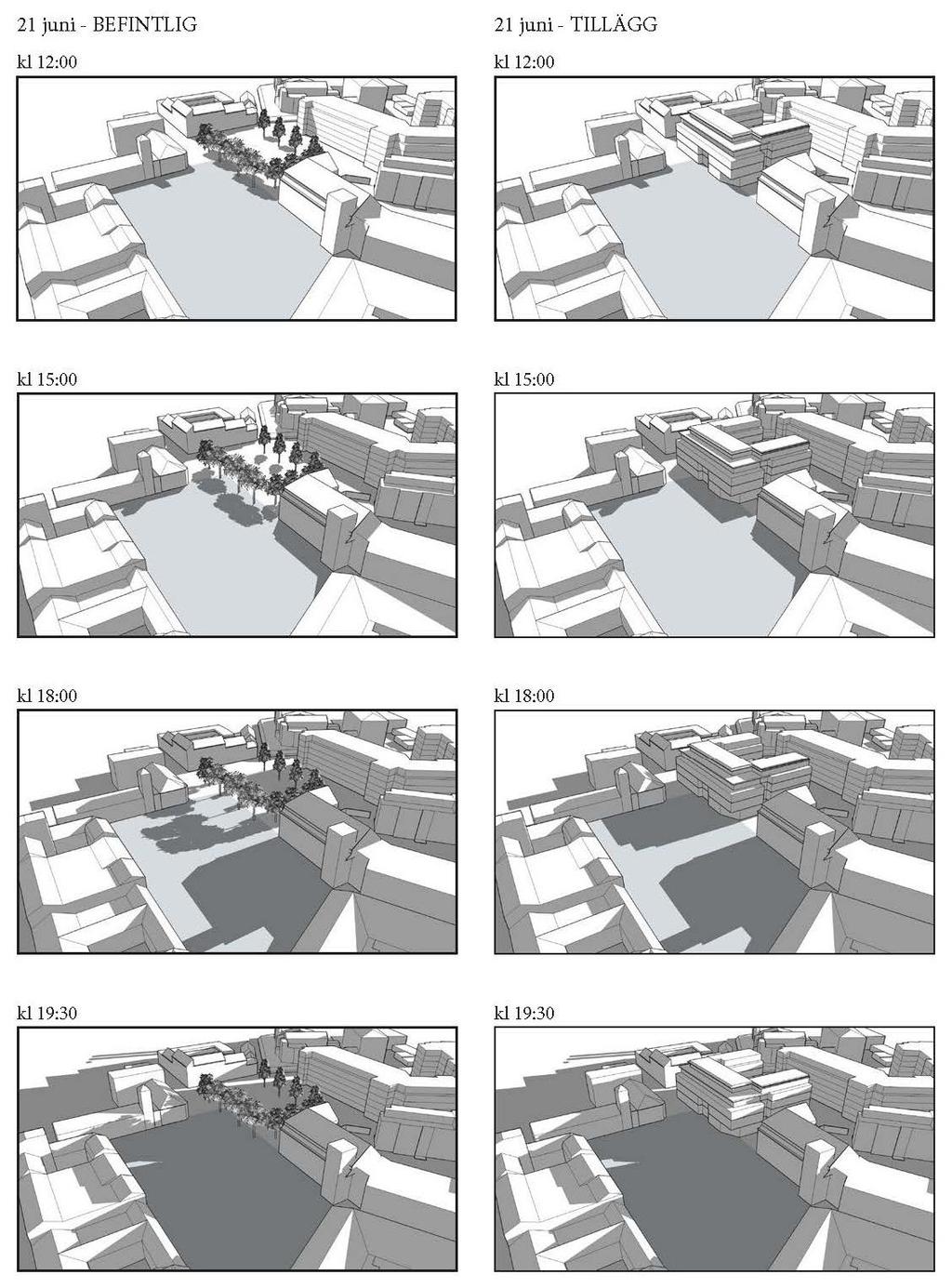 Solstudie Såväl befintlig som ny högre bebyggelse skapar skuggor, vilka mer eller mindre påverkar intilliggande bebyggelse och Lilla torg.