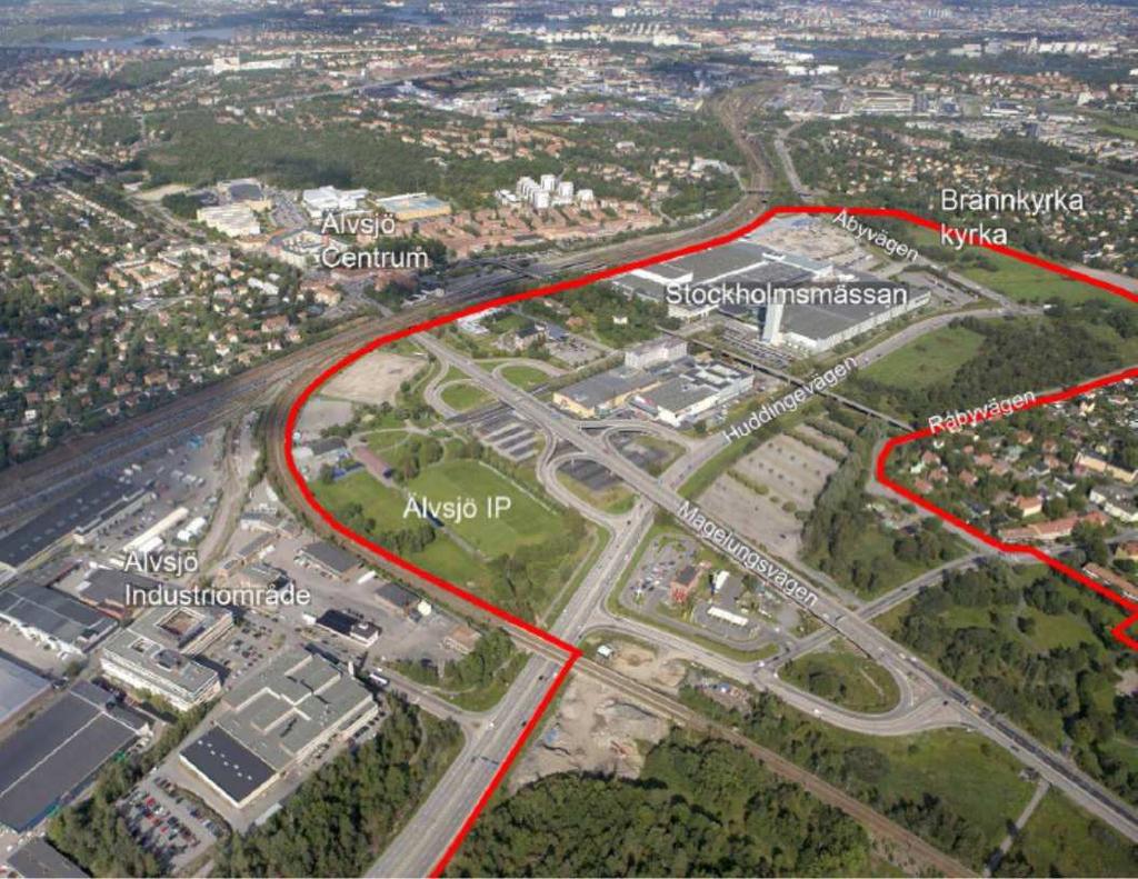 SID 3 (8) Översiktsbild: Fastigheten Sjöbotten 1 markerad. Röd linje markerar område för pågående programarbete för utveckling av området runt Stockholmsmässan.