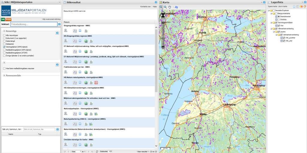 NATURVÅRDSVERKET 2(8) 1. Ingångssida Startbilden för Miljödataportalen, Figur 1, är indelad i fyra olika paneler sökpanel, resultatpanel, kartfönster och en lagerlista som beskrivs i kommande avsnitt.