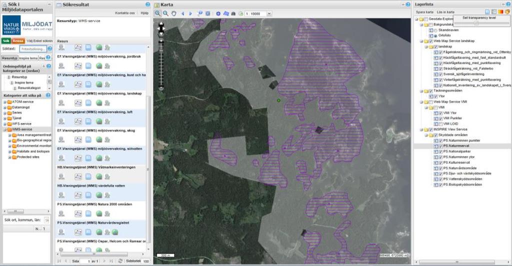 NATURVÅRDSVERKET 7(8) 4. Karta och Lagerlista När så kallade visningstjänster (WMS-tjänster) läggs till så visas innehållet i Kartan och i Lagerlistan.