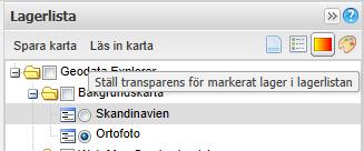 Överst i lagerlistan, se Figur 10, finns funktionen Spara kartan och det aktuella utseendet kan då hämtas tillbaka senare genom Läs in karta.