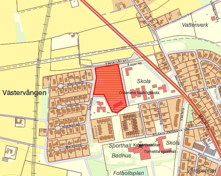 Sydväst om området ligger Västervångens förskola och öster om området ligger Österlens folkhögskola.