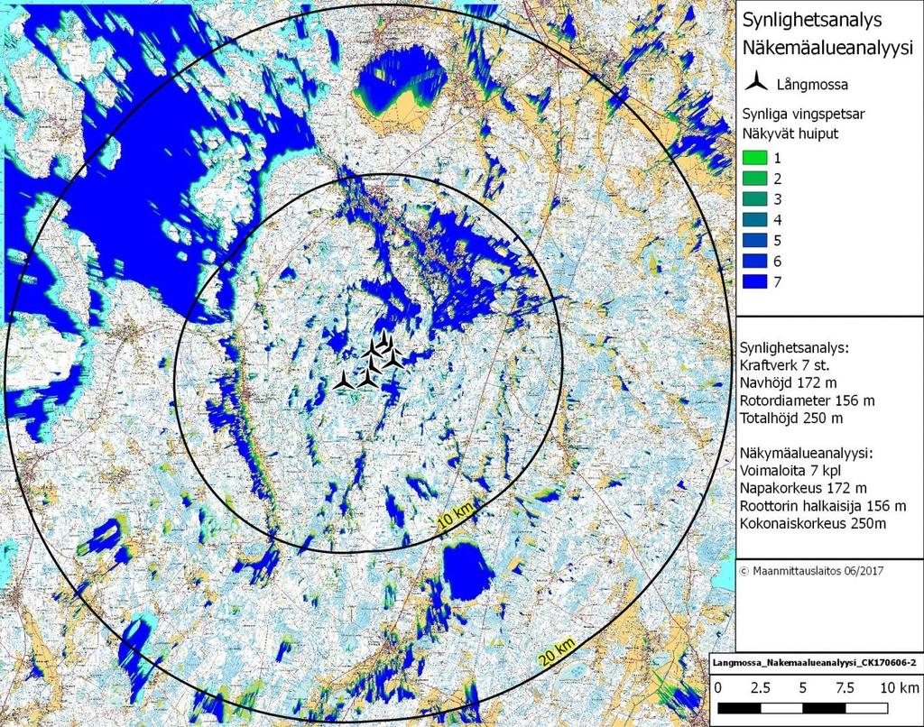 Bild 32. Siktanalysen påvisar både hur många vindkraftverk som är synliga och från vilka platser de är synliga. Vindkraftverkens totalhöjd 250m till rotors spets.