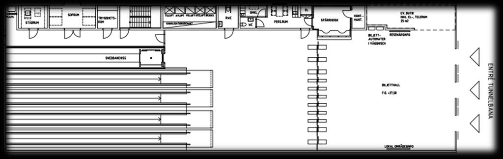 Figur 15. Trolig utformning av biljetthall station Hagalund Lyftpaket och plattformsrum Att plattformen ligger djupt under markytan innebär behov av hissar och långa rulltrappor.
