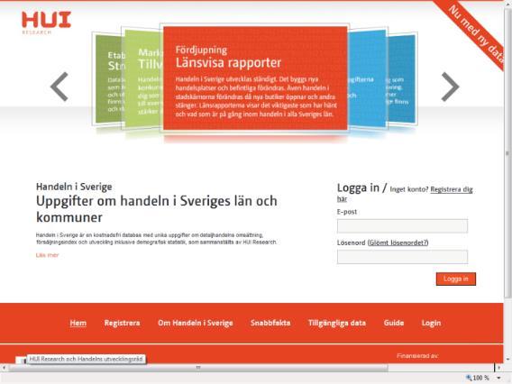 Databasen handelnisverige.se Uppgifter om detaljhandeln i Sveriges län och kommuner. Har tagits fram av HUI sedan 1992.