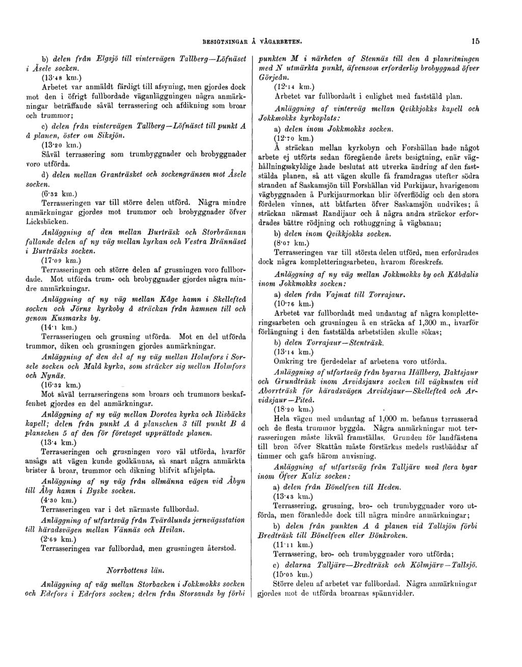 BESIKTNINGAR Å VÄGARBETEN. 15 b) delen från Elgsjö till vintervägen Tallberg Löfnäset i Asele socken. (13-48 km.