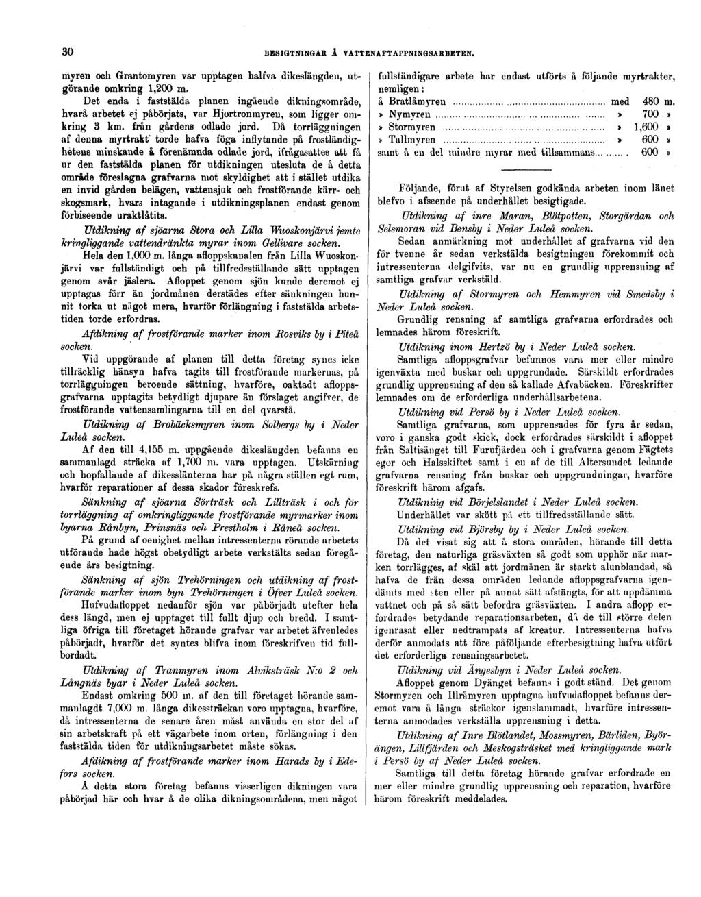 30 BESIGTNINGAR Å VATTENAFTAPPNINGSARBETEN. myren och Grantomyren var upptagen halfva dikeslängden, utgörande omkring 1,200 m.