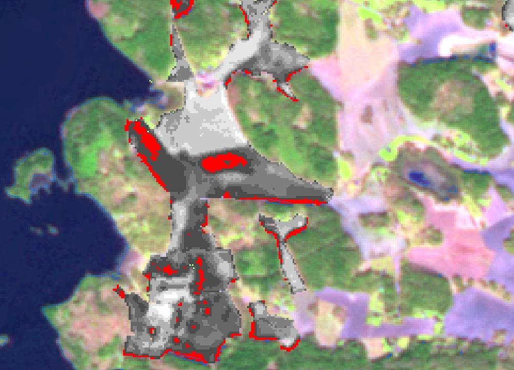 Figur 9. De fuktigaste områdena inom blocken är här markerade med rött. I den västra bilden finns 13 010 ha åkermark inom 500 m från Mälaren.