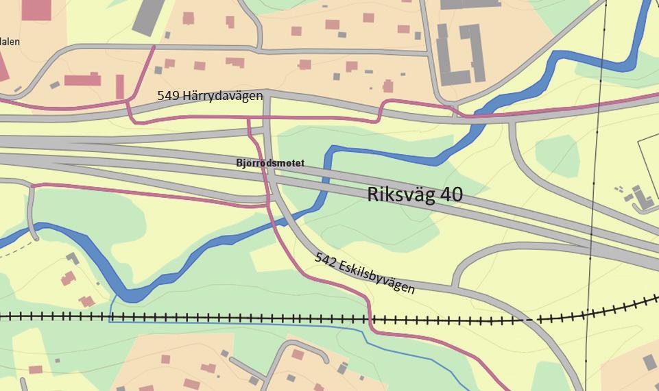 Björrödsmotet Figur 11. Björrödsmotet. I Björrödsmotet (mot 76) ansluter väg 542 (Eskilsbyvägen) och väg 549 (Härrydavägen). Väg 40 passerar planskilt över Eskilsbyvägen och Mölndalsån.