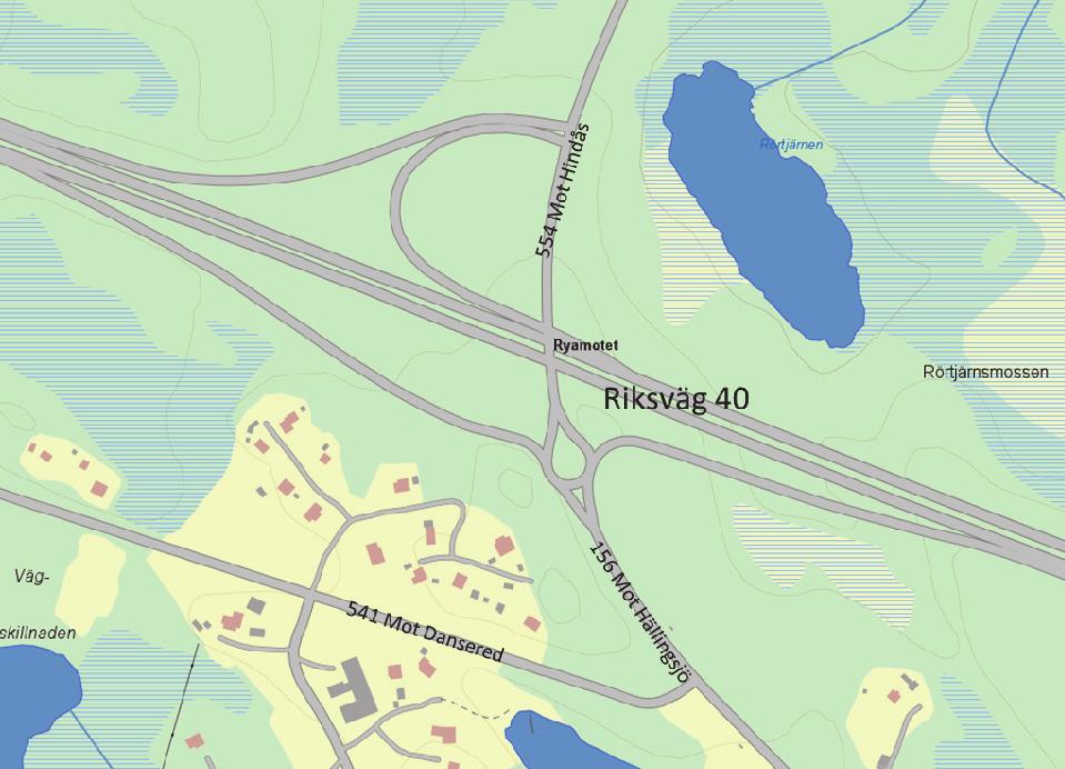 Ryamotet Figur 13. Ryamotet I Ryamotet (mot 78) ansluter väg 554 mot Hindås och väg 156 mot Hällingsjö och Kinna. Väg 156 passerar över väg 40 och går norr om motet över i väg 554.