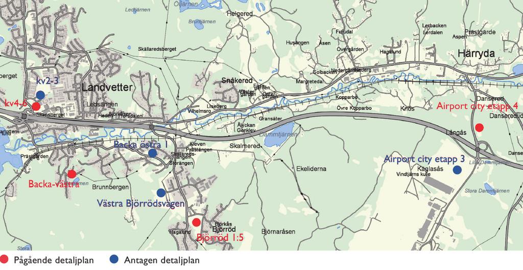 Pågående detaljplaner Inom utredningsområdet finns följande pågående och nyligen antagna detaljplaner: Landvetter - Landvetter 2 3, cirka 100 lägenheter (laga kraft, genomförande påbörjas 2018).