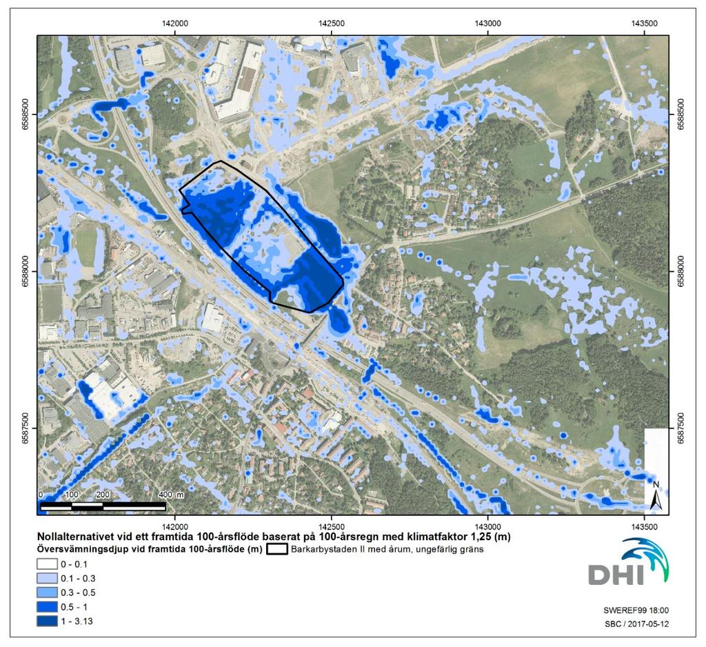 Figur 10 Utbredning och översvämningsdjup vid ett framtida 100-årsflöde utan utbyggnad av Barkarbystaden II. 3.
