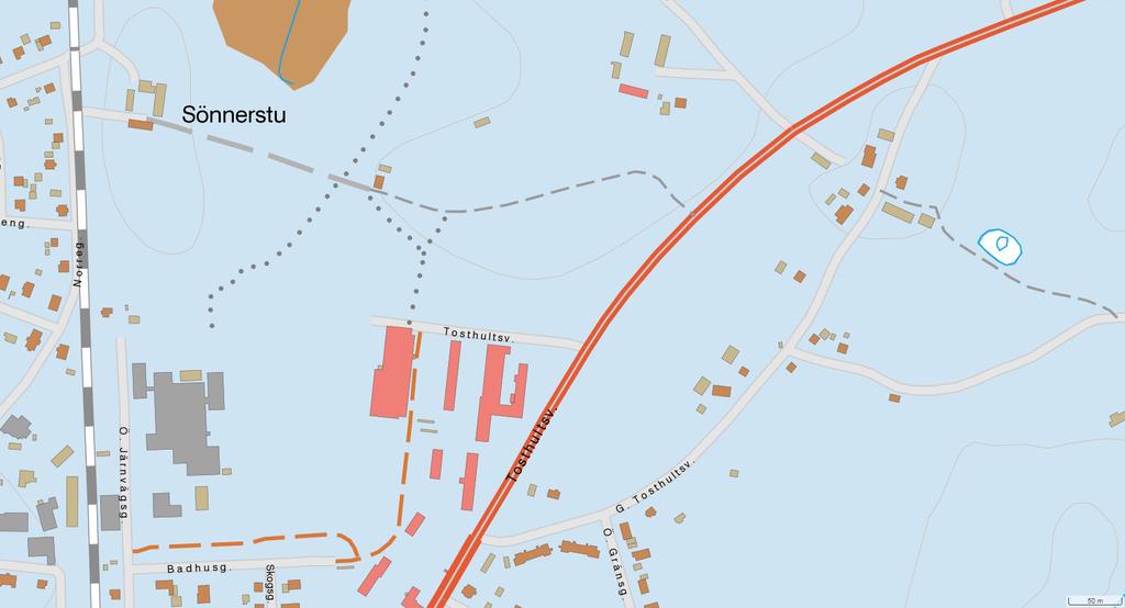 Geotekniska förhållanden Enligt SGU:s jordartskarta består planområdet med omnejd av morän, i blå färg, vilket ger lämpliga grundläggningsförutsättningar.