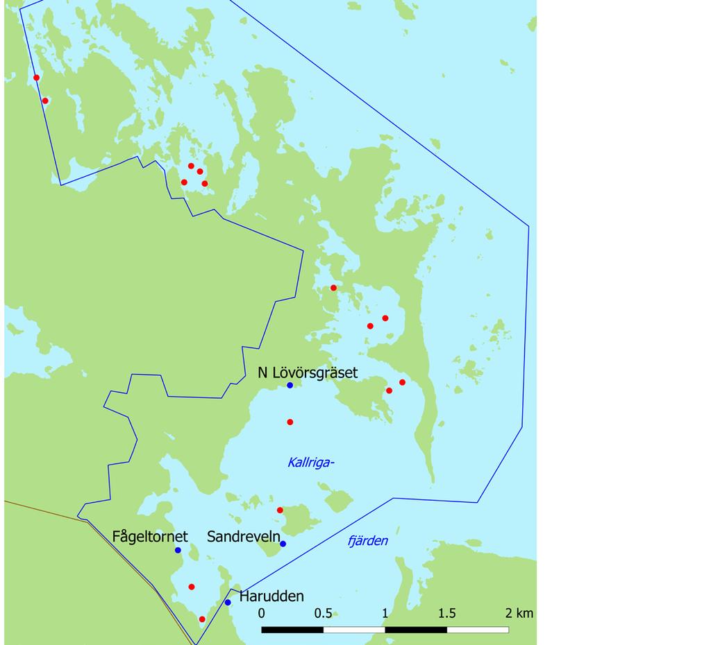 Figur 2. Notdragningslokaler för sikyngel i Kallrigareservatet (blå punkter och namn efter gammalt) vid provtagningarna våren 2017. Röda punkter anger provtagningspunkter i augusti.
