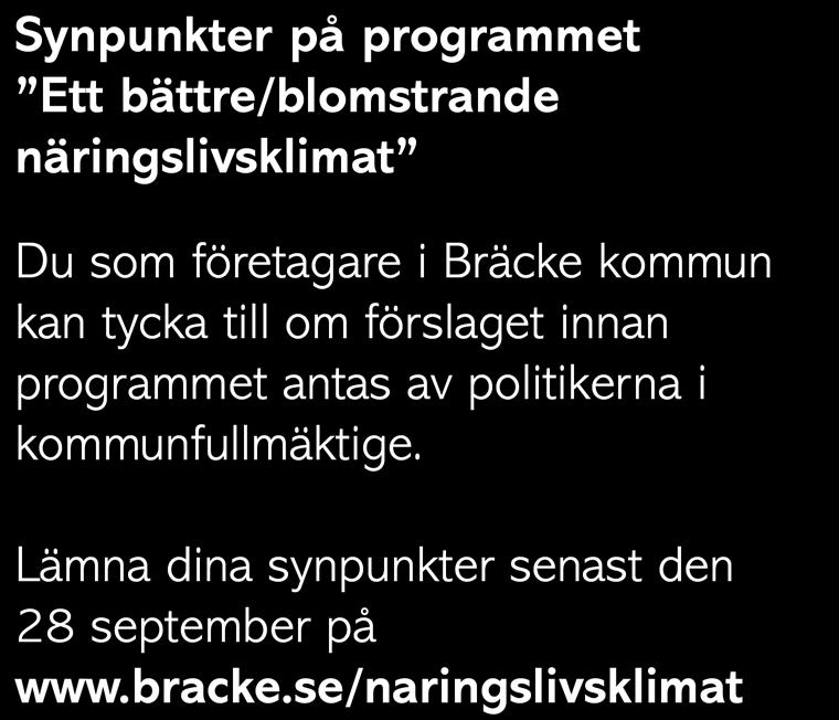 programmet antas av politikerna i kommunfullmäktige. Lämna dina synpunkter senast den 28 september på www.bracke.