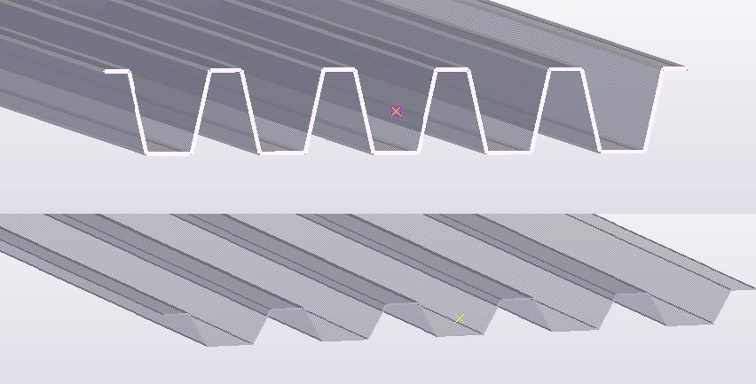 Figur 3 Högprofils- och lågprofilsplåt Figur 4 Högprofilerad plåt med rillor Vid användning av högprofilerad plåt på tak är takskivan en del av det bärande systemet.
