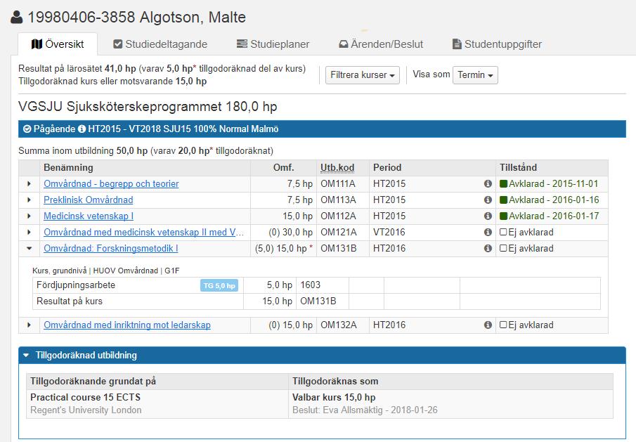 Visning av tillgodoräknande I studentöversikten summeras och visas de tillgodoräknande som har dokumenterats för studenten.