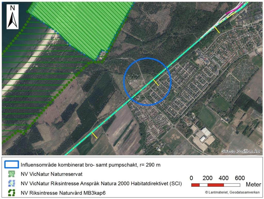 Figur 3. Influensområdets lokalisering i förhållande till riksintresse för naturvård, Natura 2000-område och naturreservat. (Sweco, 2018).