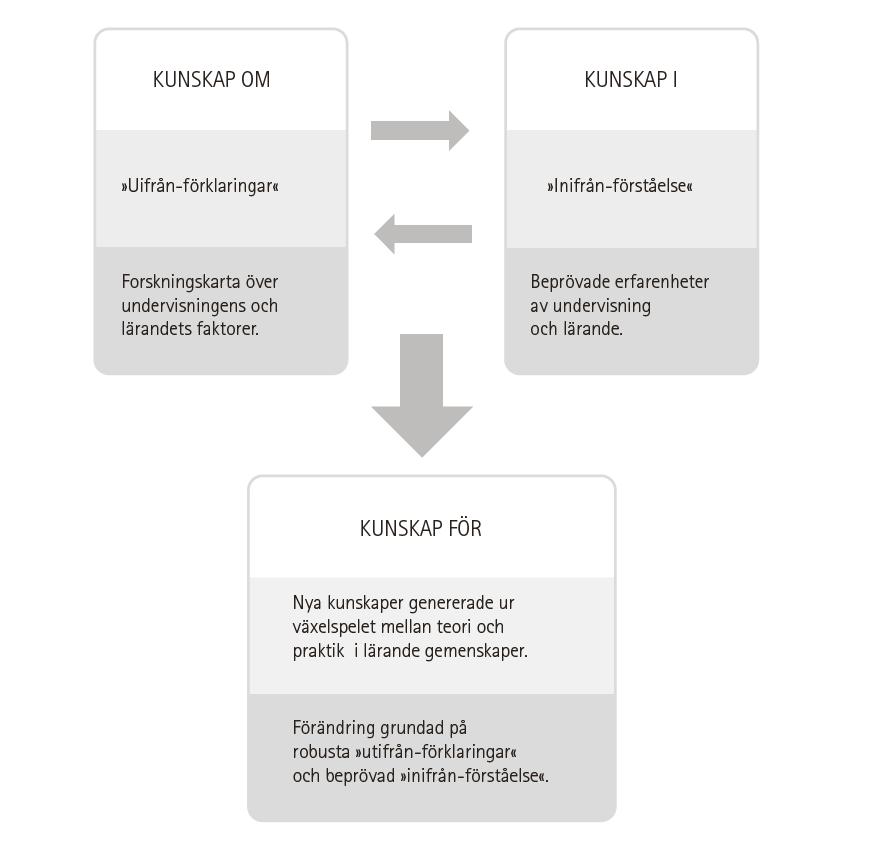 framgångsfaktorer i undervisning och utvecklingsarbete ( kunskap om ) har praktikern betydelsefulla erfarenheter och en inifrån-förståelse ( kunskap i ) om den egna pedagogiska verksamheten.