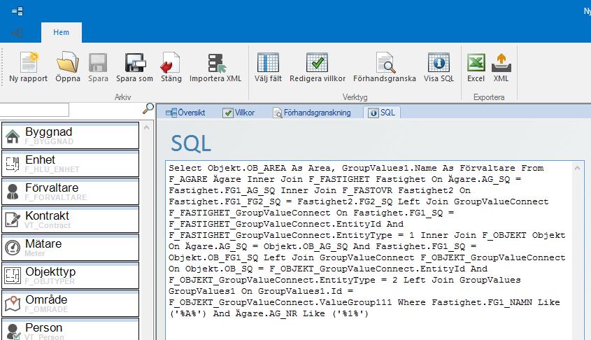 EXPORTERA DATA Vid behov kan rapporten exporteras till Excel eller XML.