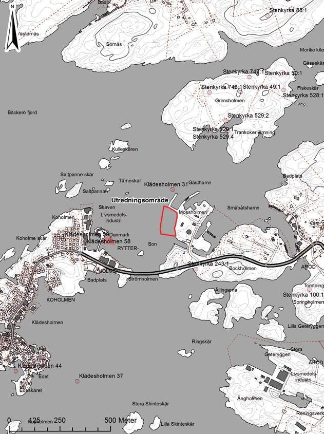 Mossholmens marina 7 Figur 3. Utsnitt ur GSD-Fastighetskartan, blad 7A 6j/7069, med utredningsområdet samt närliggande fornlämningar markerade.